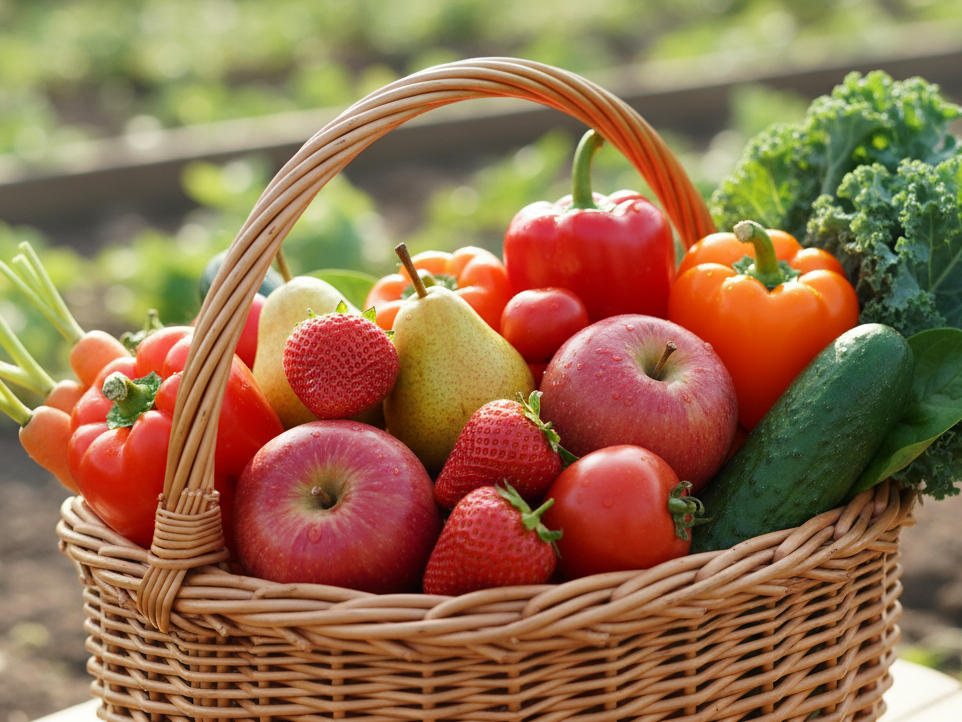 Einkaufskorb mit frischem Obst und Gemüse